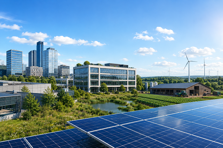 Site industriel et tertiaire moderne avec panneaux solaires et éolienne